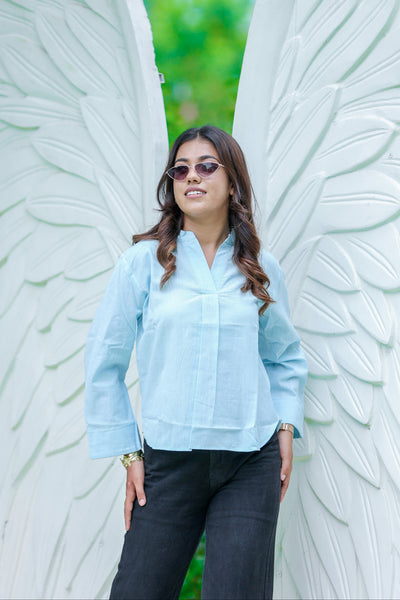 Solid Sky Blue Cotton Casual Top with Pleated Neck