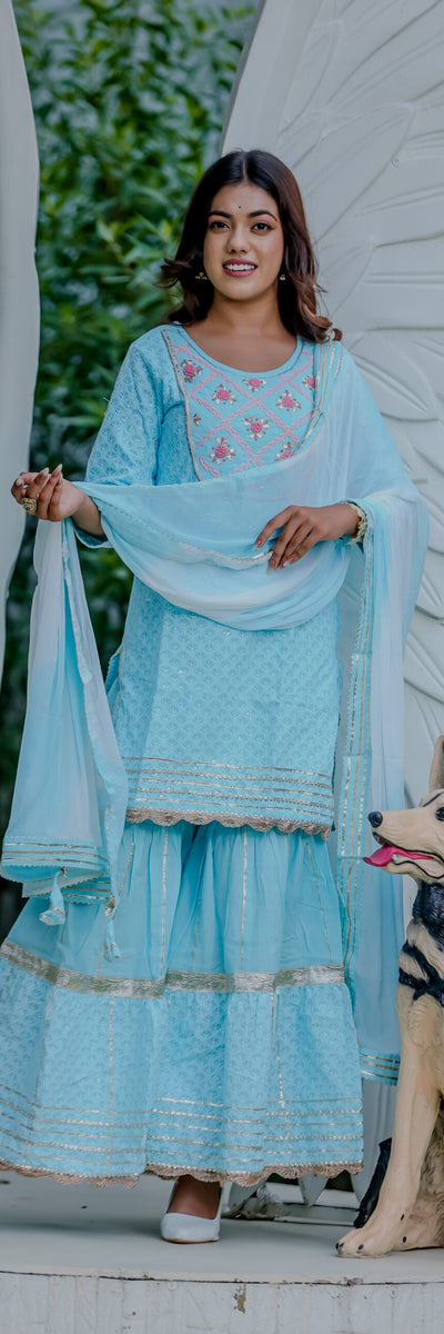 Sky Blue Embroidered Sharara Suit Set with Dupatta
