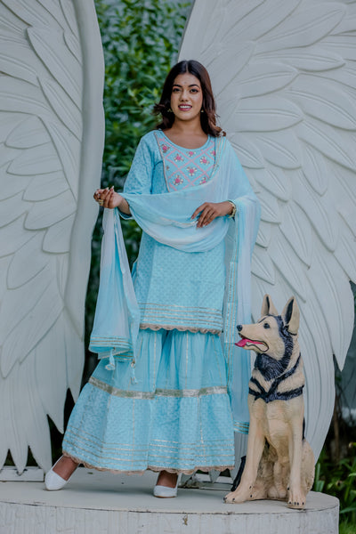Sky Blue Embroidered Sharara Suit Set with Dupatta