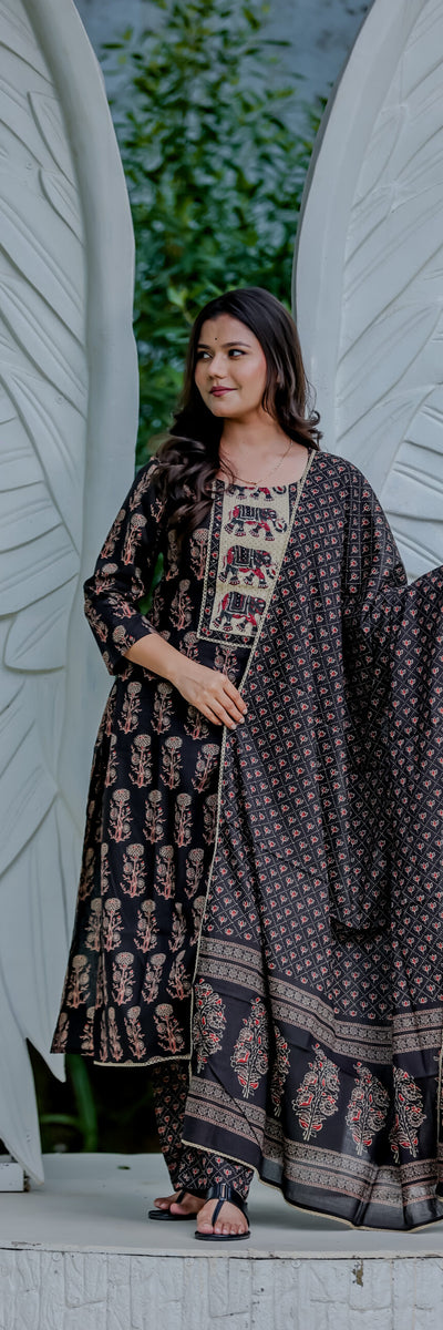 Black Ethnic Printed Cotton Kurta Pant Set with Dupatta