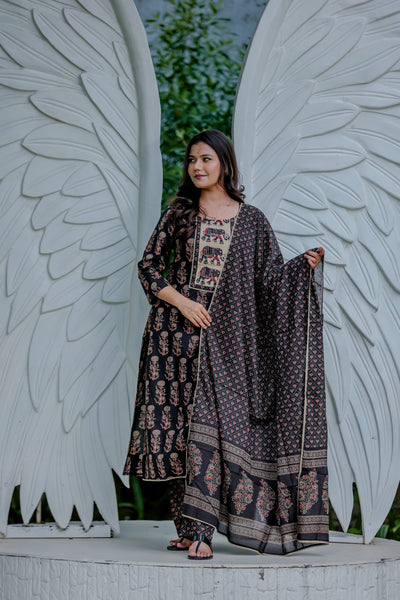 Black Ethnic Printed Cotton Kurta Pant Set with Dupatta