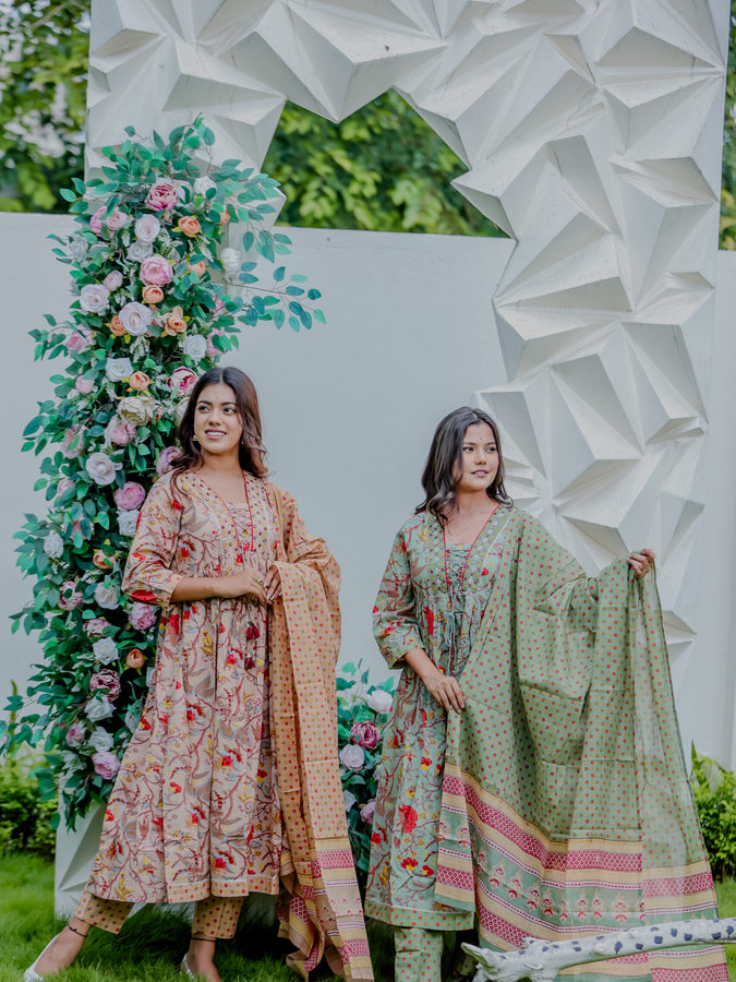 Floral Printed Anarkali Kurta Pant Set with Dupatta