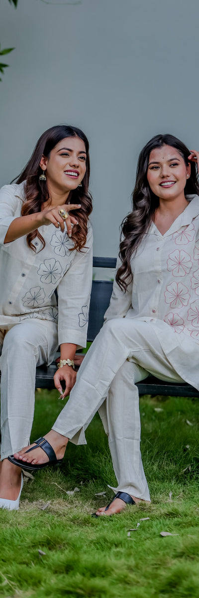 Off-White Cotton Co-Ord Set with Floral Embroidery