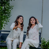 Off-White Cotton Co-Ord Set with Floral Embroidery