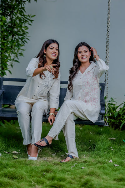 Off-White Cotton Co-Ord Set with Floral Embroidery