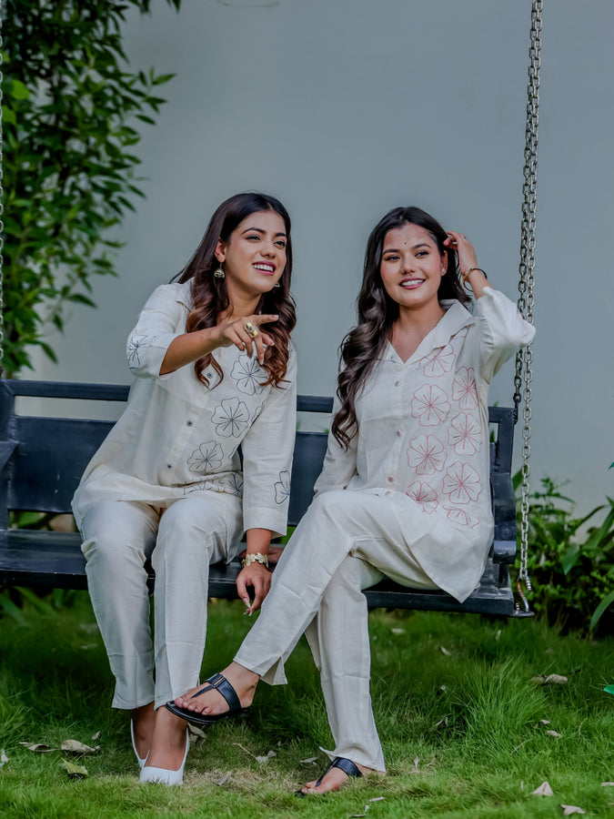 Off-White Cotton Co-Ord Set with Floral Embroidery