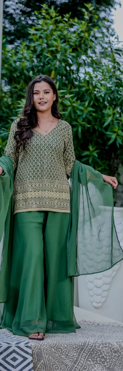Elegant Green Printed Kurta Sharara Set with Dupatta