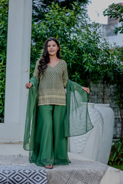 Elegant Green Printed Kurta Sharara Set with Dupatta