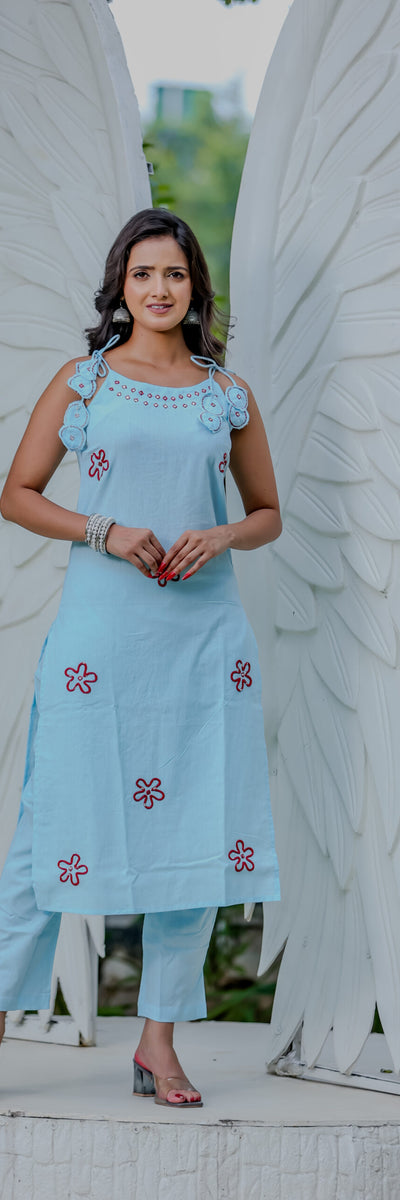 Light Blue Sleeveless Embroidered Kurta Pant Set