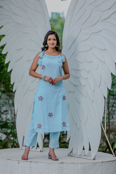 Light Blue Sleeveless Embroidered Kurta Pant Set