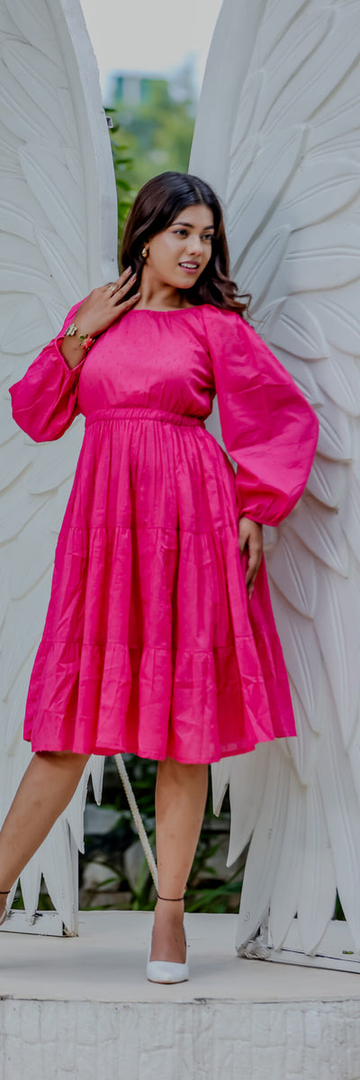 Fuchsia Pink Flared Midi Dress with Balloon Sleeves