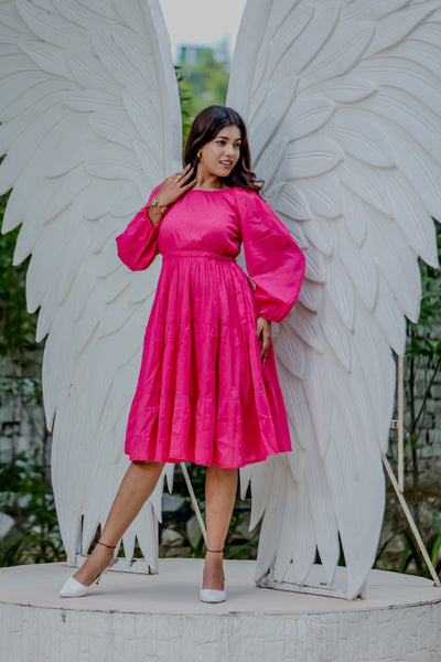Fuchsia Pink Flared Midi Dress with Balloon Sleeves
