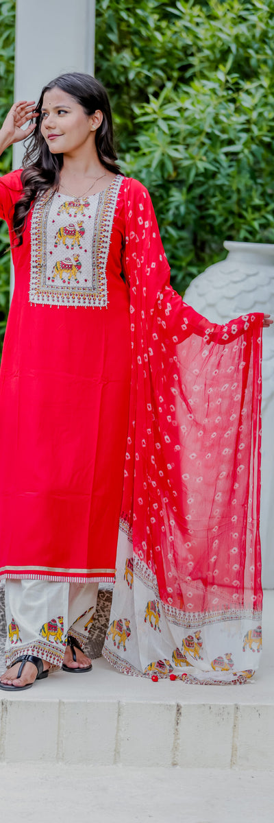 Red Embroidered Kurta Pant Set with Printed Dupatta