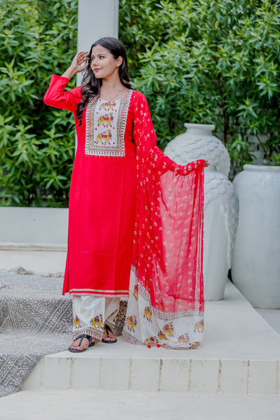Red Embroidered Kurta Pant Set with Printed Dupatta