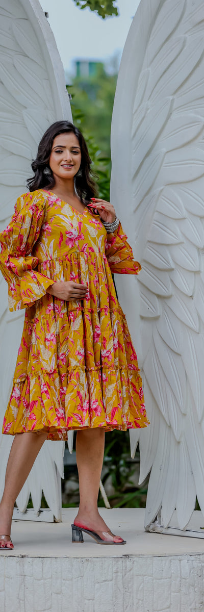 Mustard Yellow Floral Printed Tiered Midi Dress with Flared Sleeves