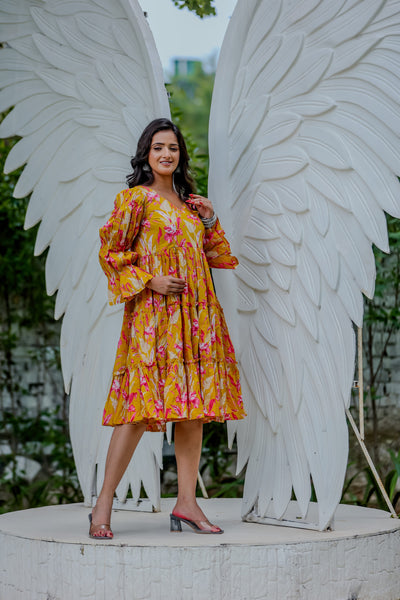 Mustard Yellow Floral Printed Tiered Midi Dress with Flared Sleeves