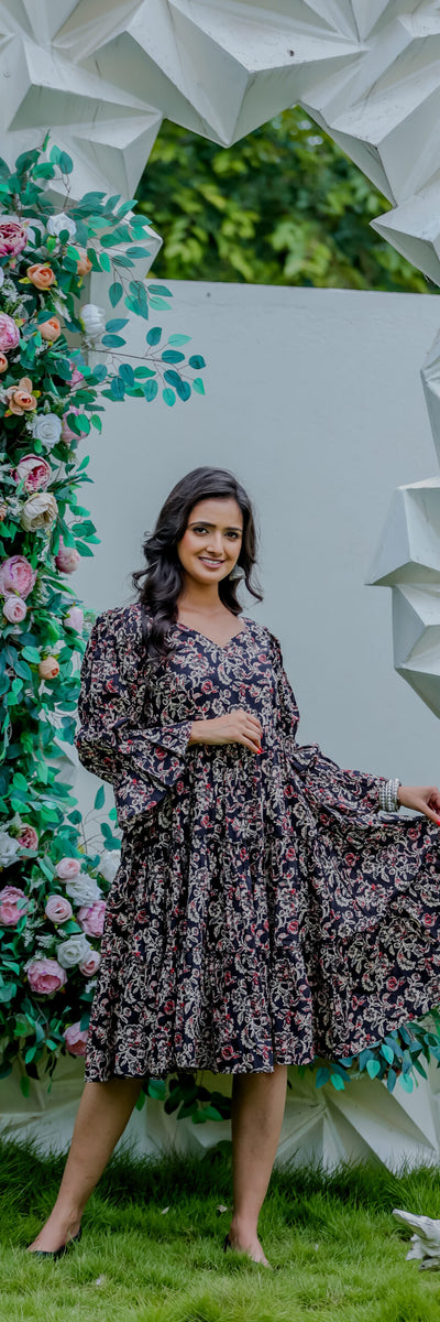 Black Floral Printed Tiered Midi Dress with Flared Sleeves