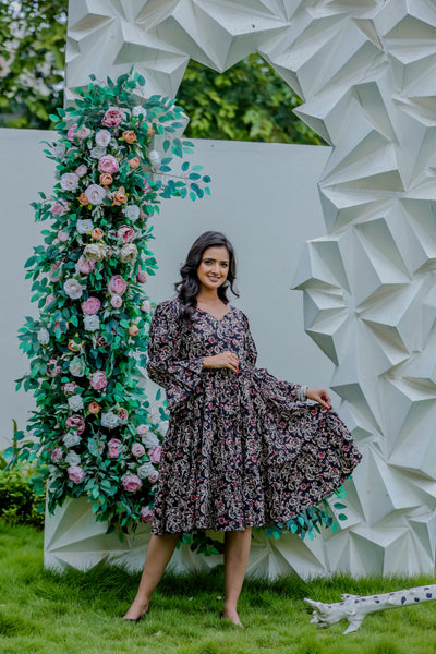 Black Floral Printed Tiered Midi Dress with Flared Sleeves