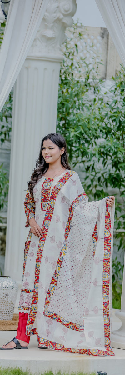 White Ethnic Printed Kurta Pant Set with Dupatta