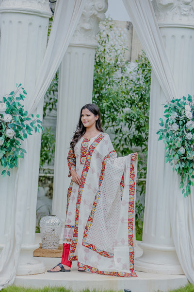 White Ethnic Printed Kurta Pant Set with Dupatta