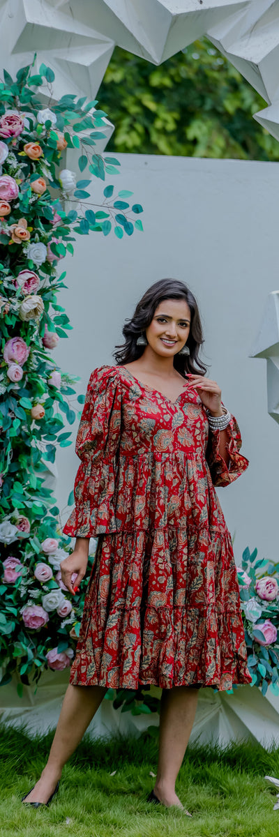 Red Ethnic Printed Tiered Midi Dress with Flared Sleeves