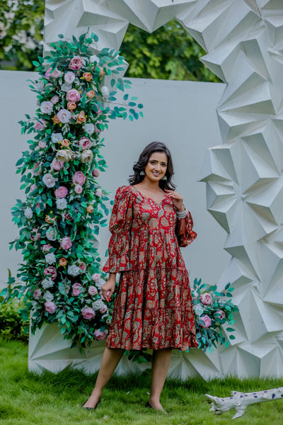 Red Ethnic Printed Tiered Midi Dress with Flared Sleeves