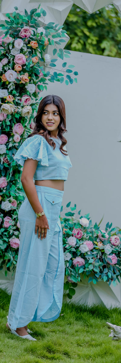 Light Blue Ruffle Sleeve Crop Top with Wide-Leg Pants Co-Ord Set