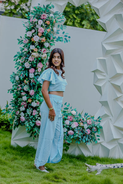 Light Blue Ruffle Sleeve Crop Top with Wide-Leg Pants Co-Ord Set