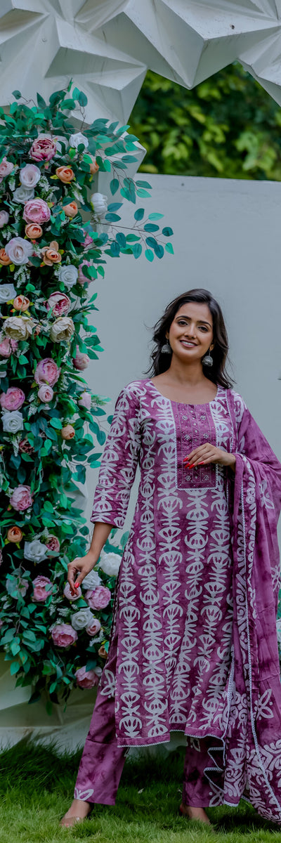 Purple Printed Cotton Kurta Pant Set with Dupatta