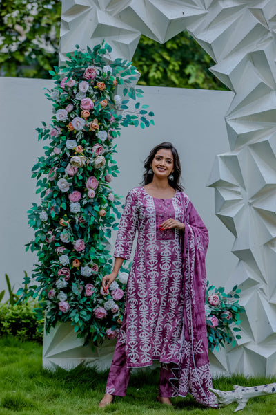 Purple Printed Cotton Kurta Pant Set with Dupatta
