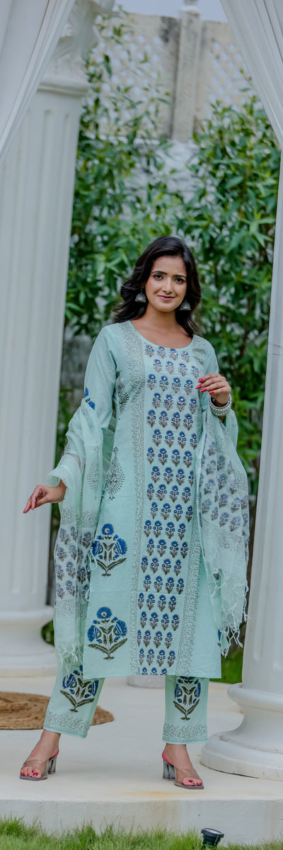 Mint Green Printed Cotton Kurta Pant Set with Dupatta