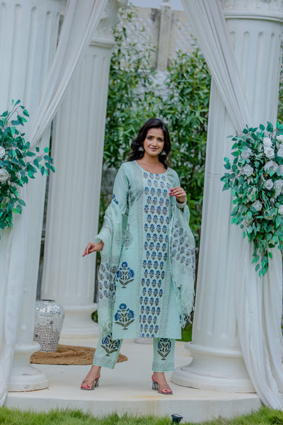 Mint Green Printed Cotton Kurta Pant Set with Dupatta