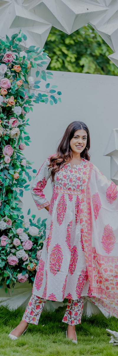 White Pink Ethnic Printed Cotton Kurta Pant Set with Dupatta