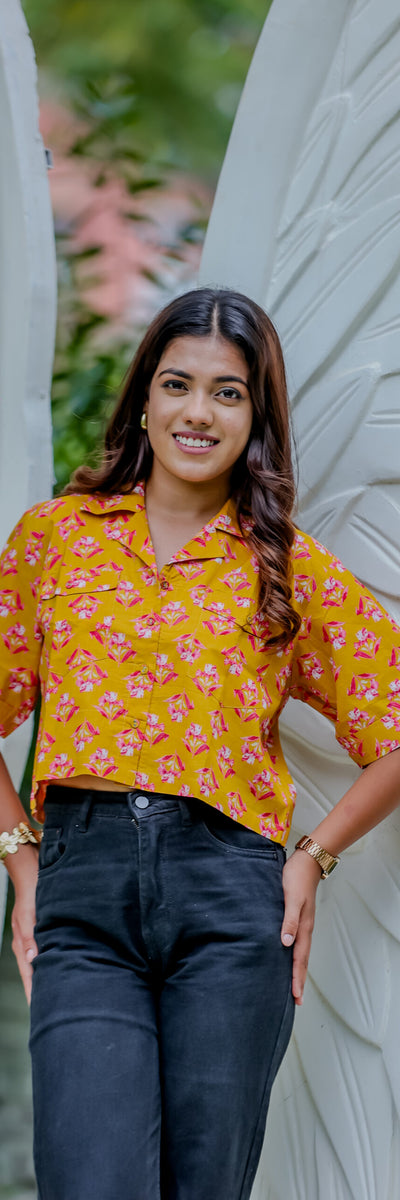 Yellow Floral Printed Casual Crop Shirt