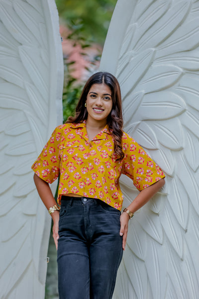 Yellow Floral Printed Casual Crop Shirt