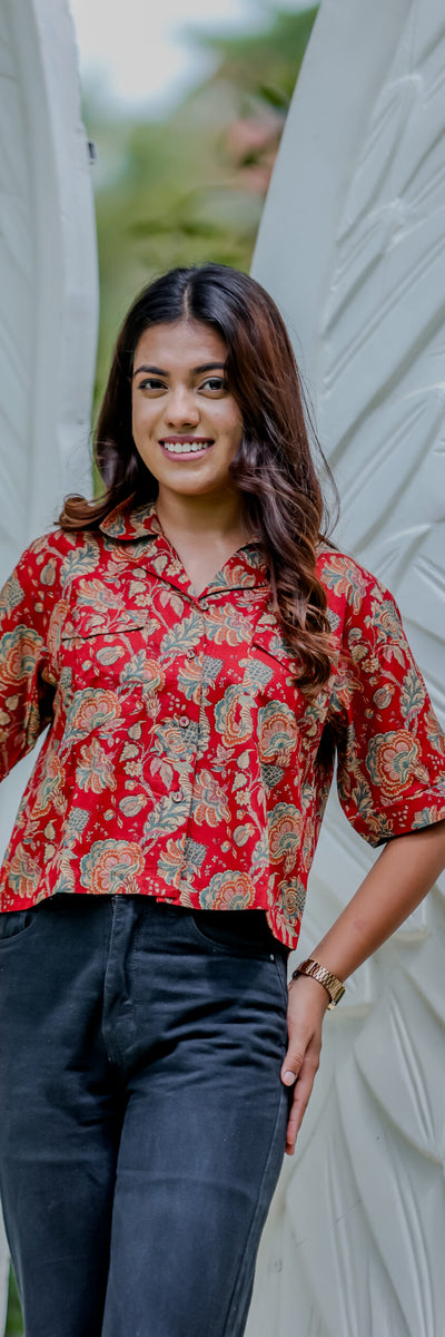 Red Floral Printed Casual Crop Shirt