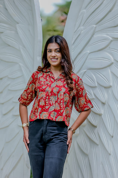 Red Floral Printed Casual Crop Shirt