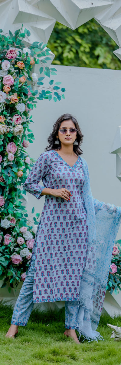 Blue Printed Cotton Kurta Pant Set with Dupatta