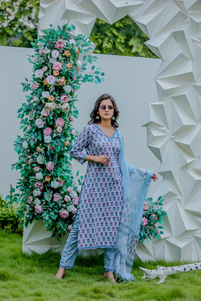 Blue Printed Cotton Kurta Pant Set with Dupatta