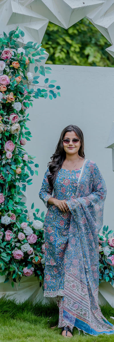 Blue Floral Printed Cotton Kurta Pant Set with Dupatta