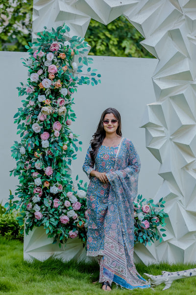 Blue Floral Printed Cotton Kurta Pant Set with Dupatta