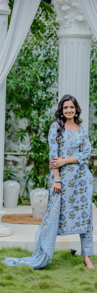 Light Blue Floral Printed Cotton Kurta Pant Set with Dupatta