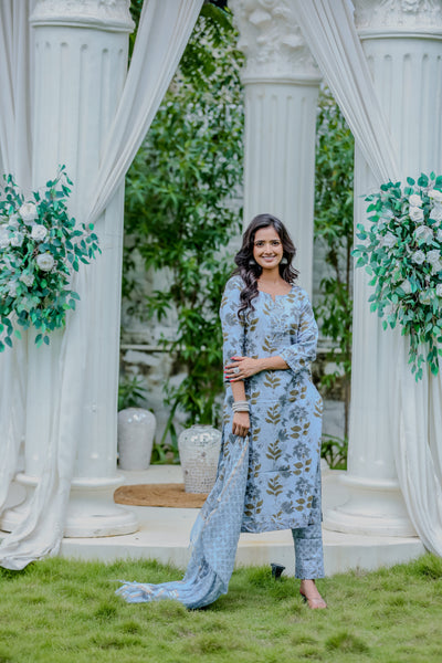 Light Blue Floral Printed Cotton Kurta Pant Set with Dupatta