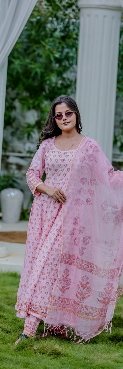 Soft Pink Cotton Printed Kurta Pant Set with Dupatta