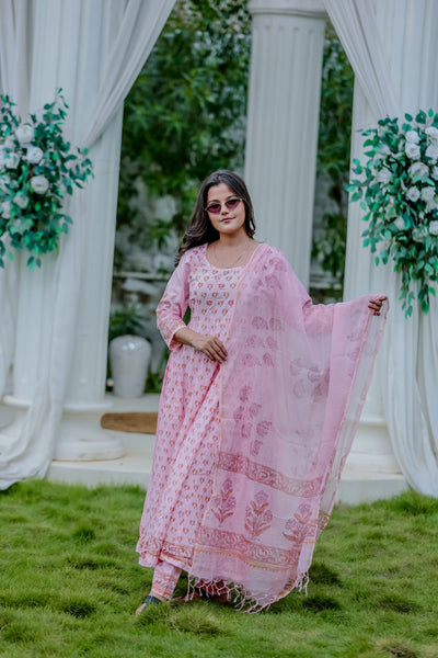 Soft Pink Cotton Printed Kurta Pant Set with Dupatta