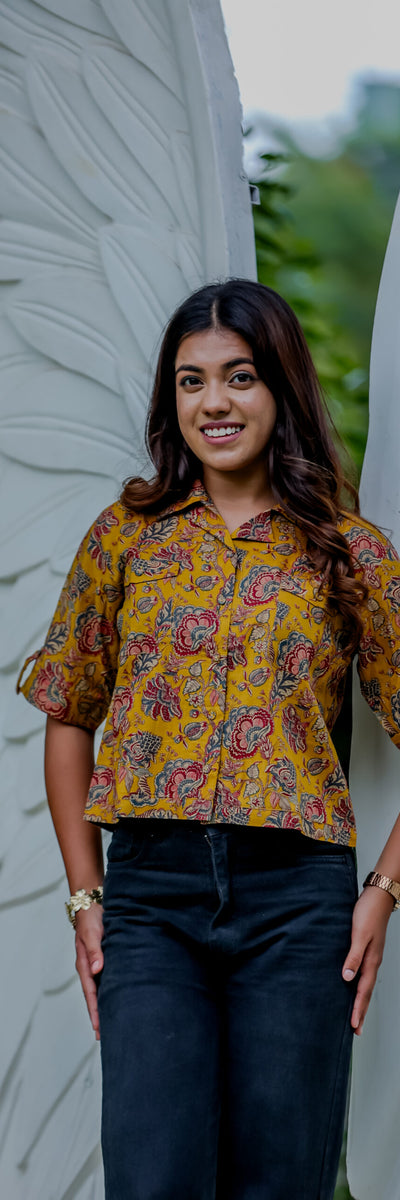 Mustard Floral Printed Crop Shirt