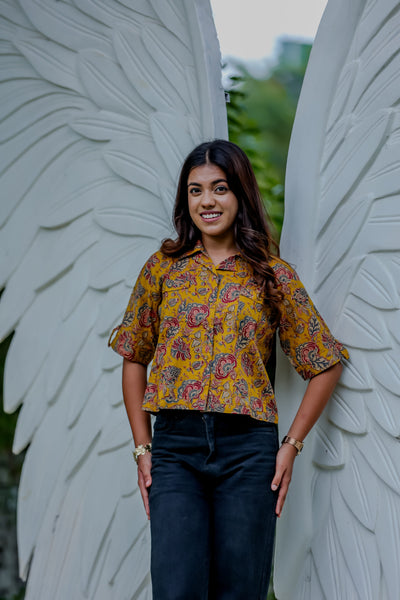 Mustard Floral Printed Crop Shirt