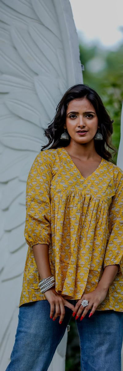 Yellow Handblock Printed Peplum Top