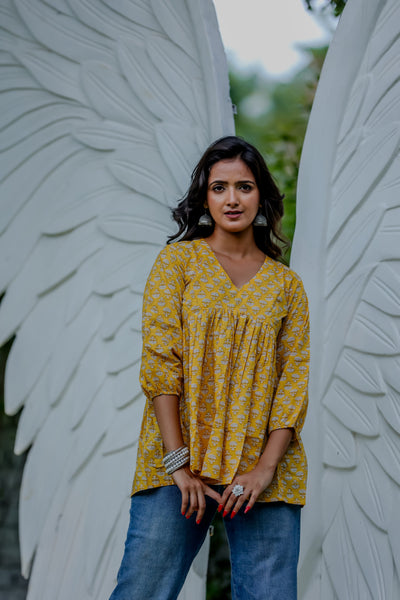 Yellow Handblock Printed Peplum Top