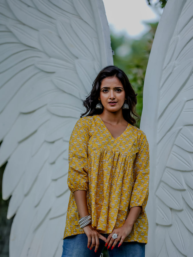 Yellow Handblock Printed Peplum Top